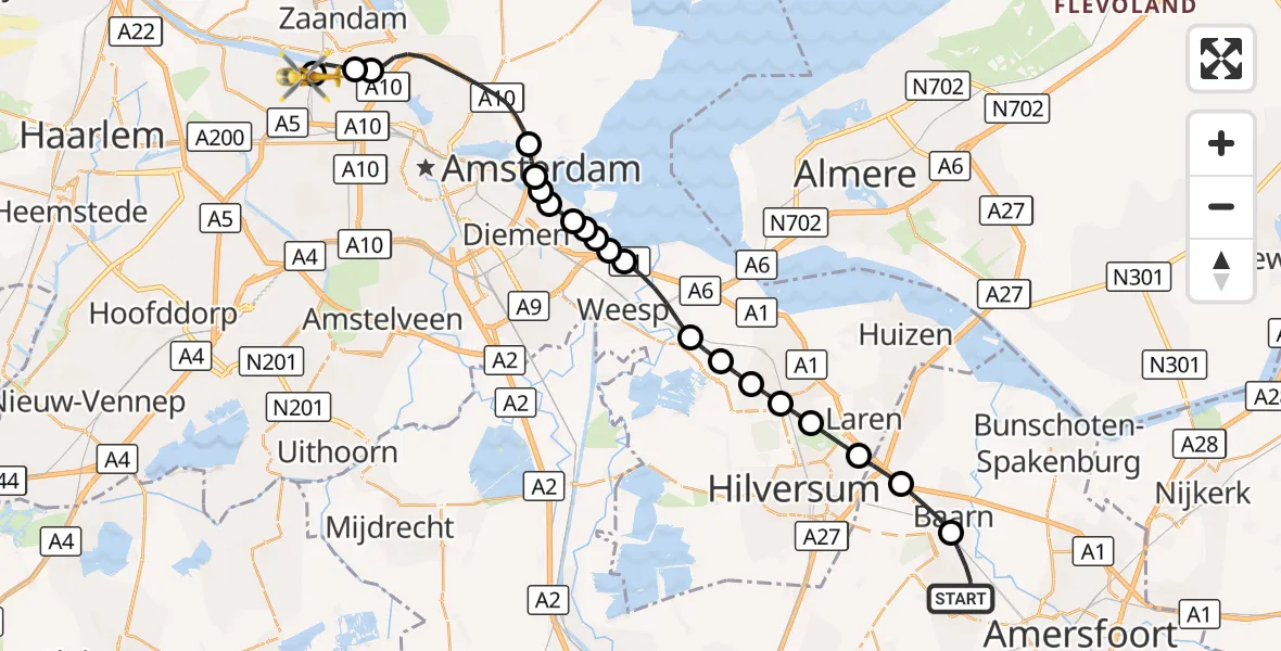Vluchtroute Traumahelikopter Soest - Amsterdam Heliport, 29 augustus 2026, 17:06
