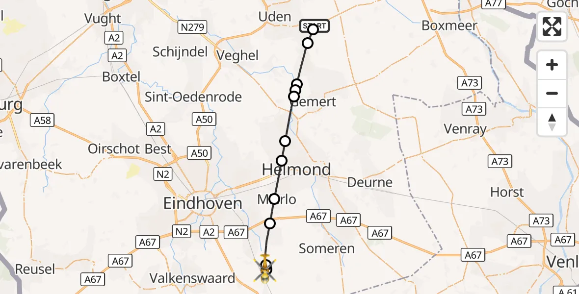 Vluchtroute Traumahelikopter Vliegbasis Volkel - Heeze, 29 augustus 2026, 17:06