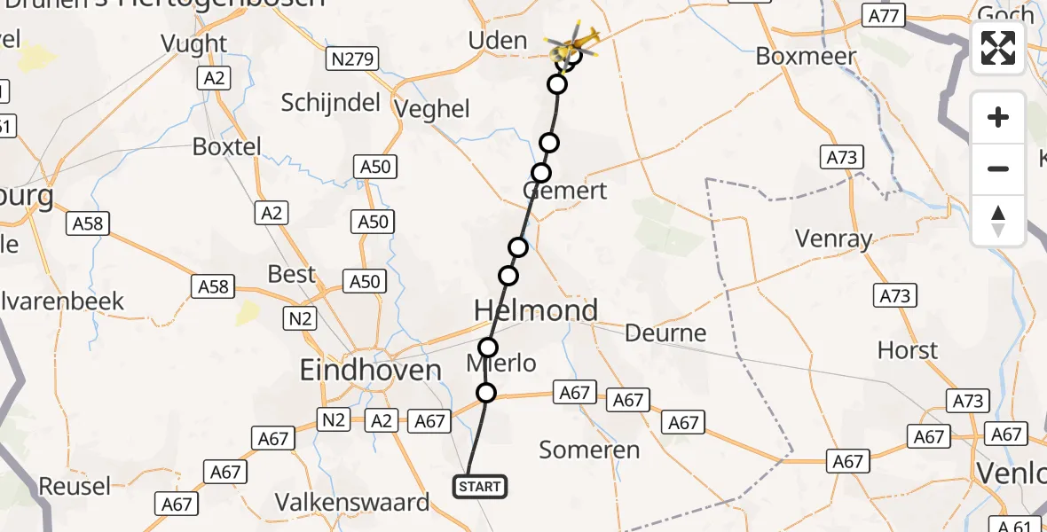 Vluchtroute Traumahelikopter Heeze - Vliegbasis Volkel, 29 augustus 2026, 17:35