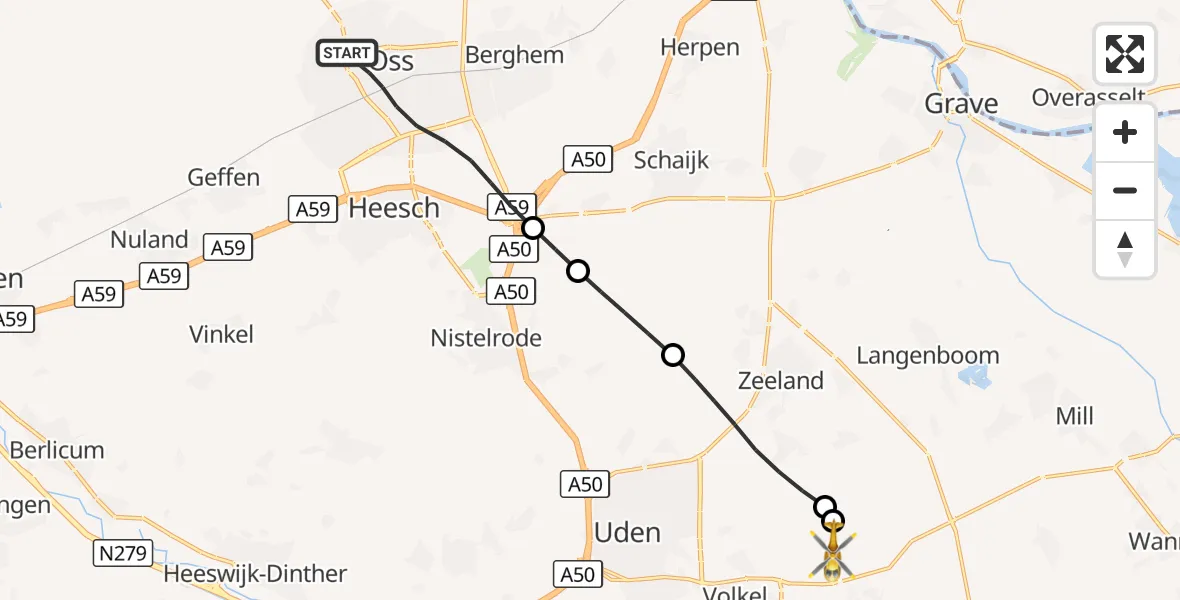 Vluchtroute Traumahelikopter Oss - Vliegbasis Volkel, 29 augustus 2026, 18:27