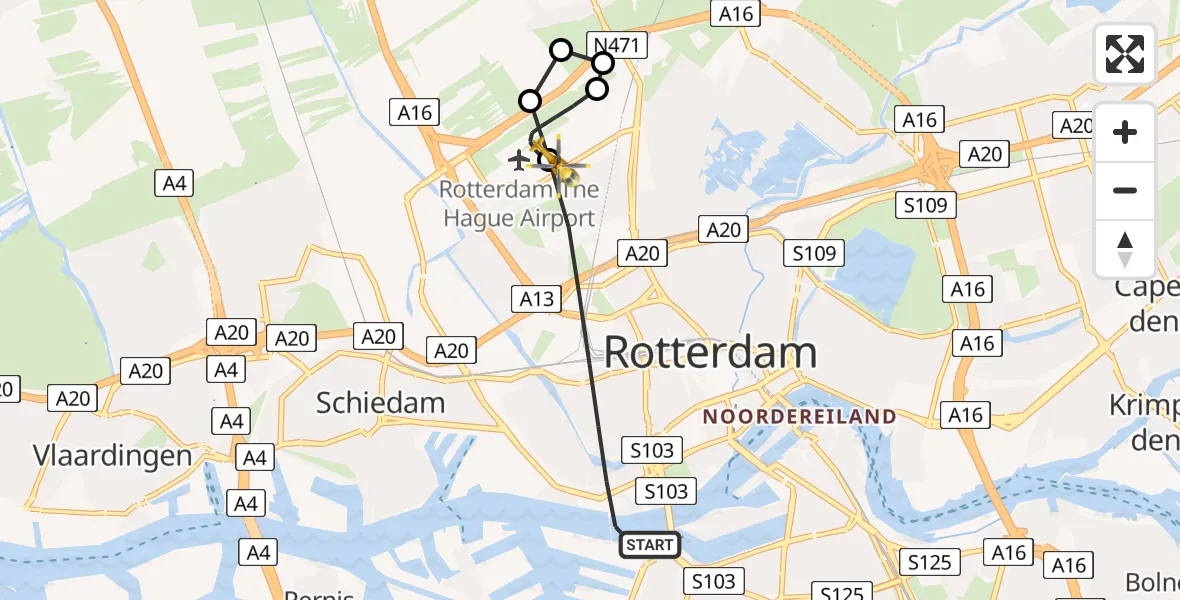 Vluchtroute Traumahelikopter Rotterdam - Rotterdam The Hague Airport, 29 augustus 2026, 22:37