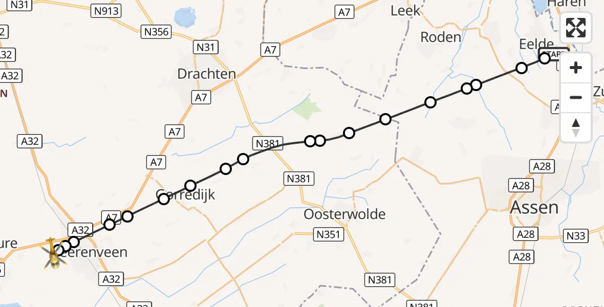 Vluchtroute Traumahelikopter Groningen Airport Eelde - Oudehaske, 30 augustus 2026, 09:08