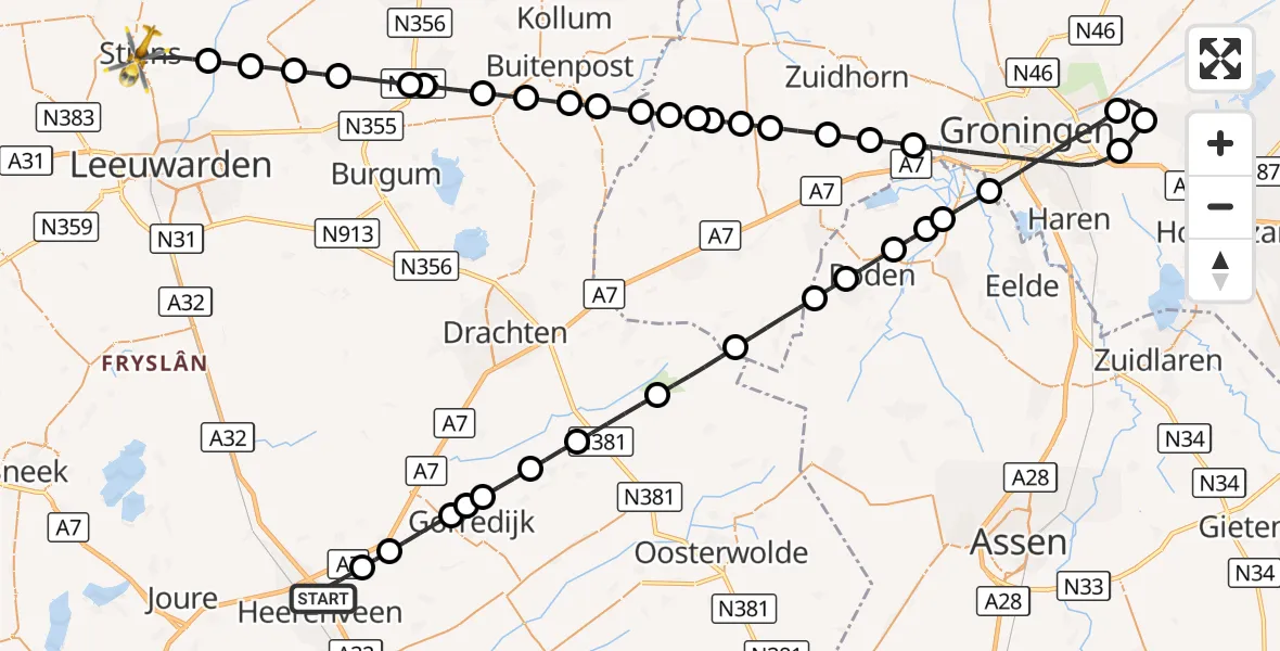 Vluchtroute Traumahelikopter Heerenveen - Stiens, 30 augustus 2026, 10:31