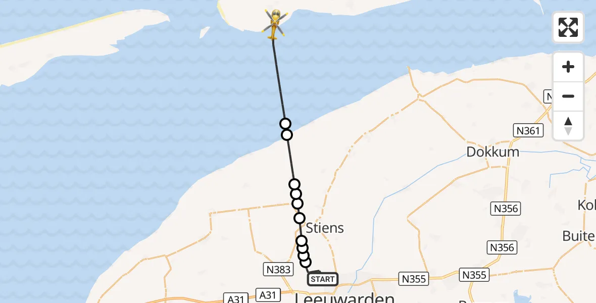 Vluchtroute Ambulancehelikopter Vliegbasis Leeuwarden - Ballum, 30 augustus 2026, 11:33