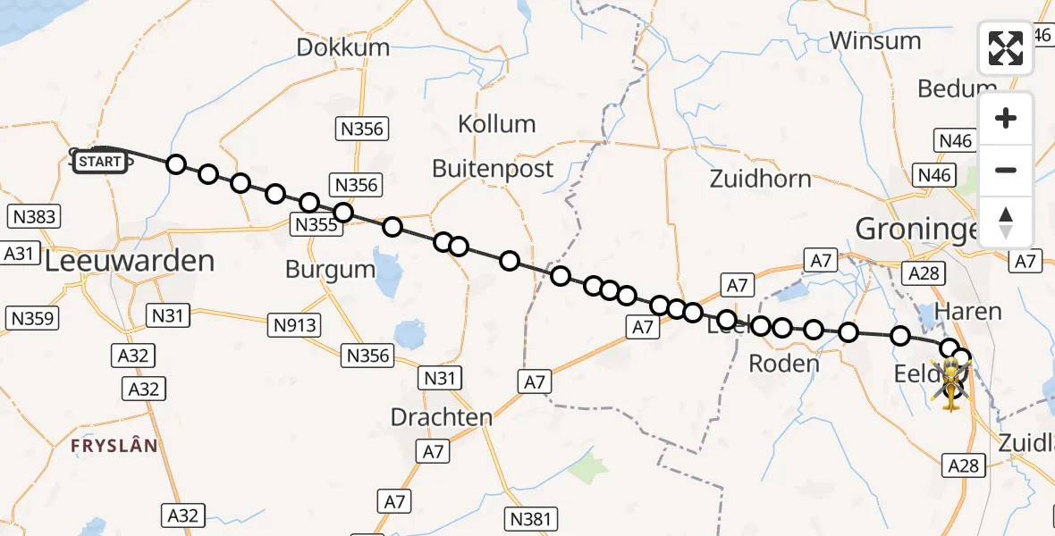 Vluchtroute Traumahelikopter Stiens - Groningen Airport Eelde, 30 augustus 2026, 11:50