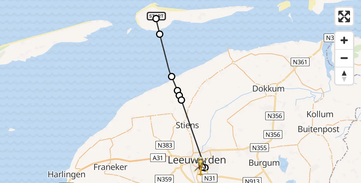 Vluchtroute Ambulancehelikopter Ameland Vliegveld Ballum - Leeuwarden Medical Center Heliport, 30 augustus 2026, 12:03