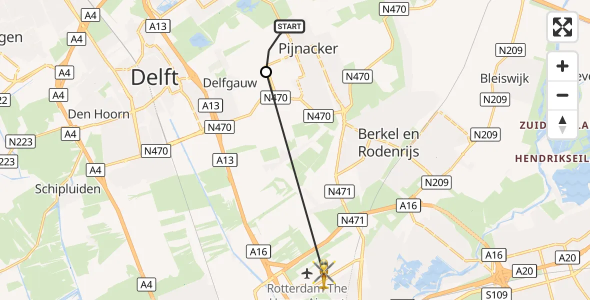 Vluchtroute Traumahelikopter Pijnacker - Rotterdam The Hague Airport, 30 augustus 2026, 12:05