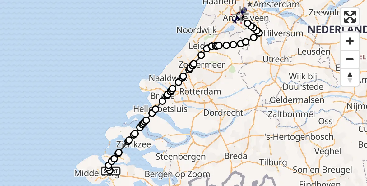 Vluchtroute Politiehelikopter Vliegveld Midden-Zeeland - Amsterdam Vliegveld Schiphol, 30 augustus 2026, 12:52