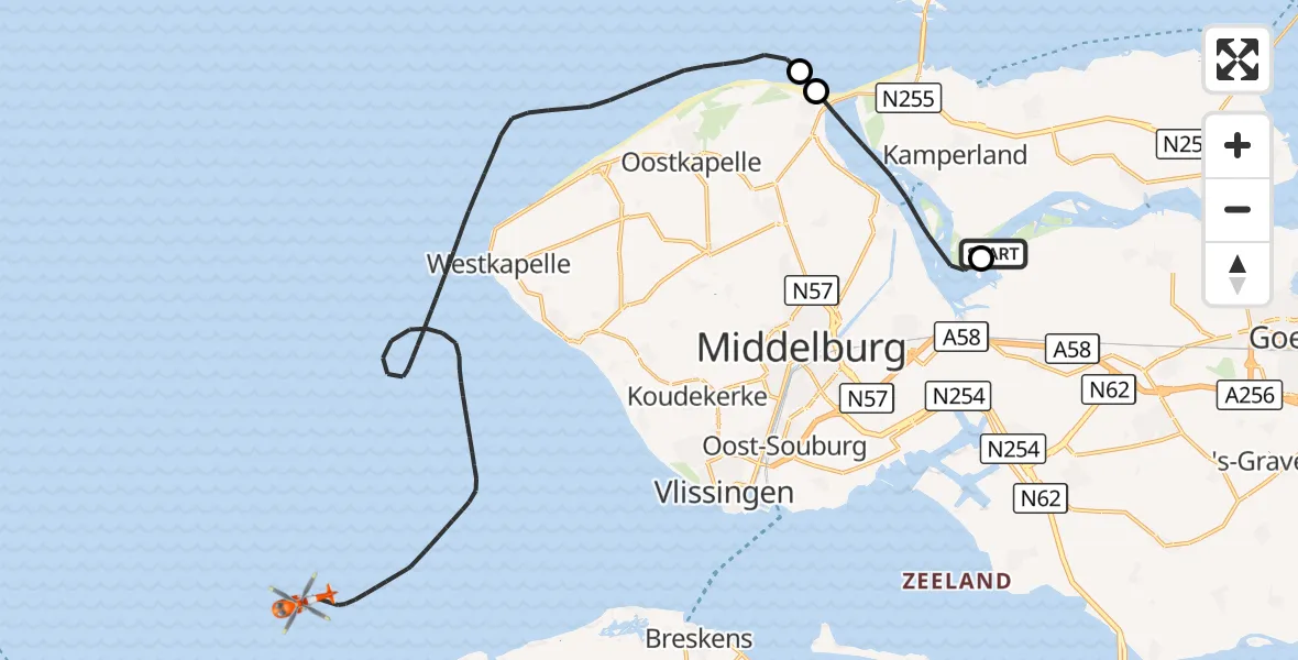 Vluchtroute Kustwachthelikopter Wolphaartsdijk - Noordzee, 30 augustus 2026, 13:25