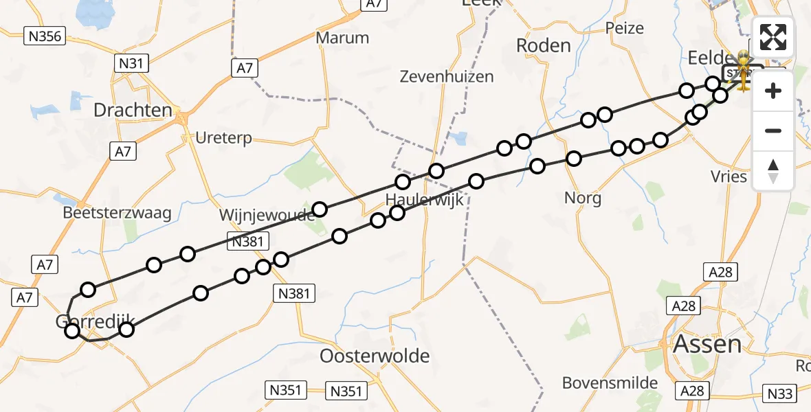 Vluchtroute Traumahelikopter Groningen Airport Eelde - Groningen Airport Eelde, 30 augustus 2026, 13:35