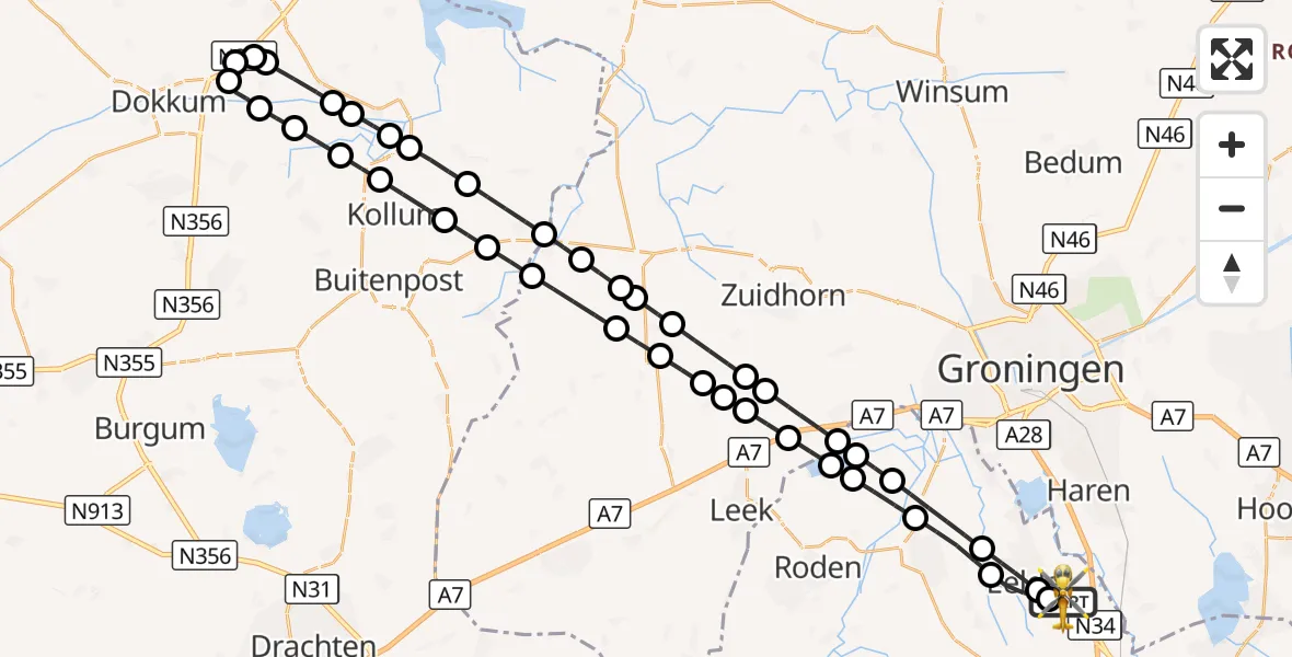 Vluchtroute Traumahelikopter Groningen Airport Eelde - Groningen Airport Eelde, 30 augustus 2026, 14:13
