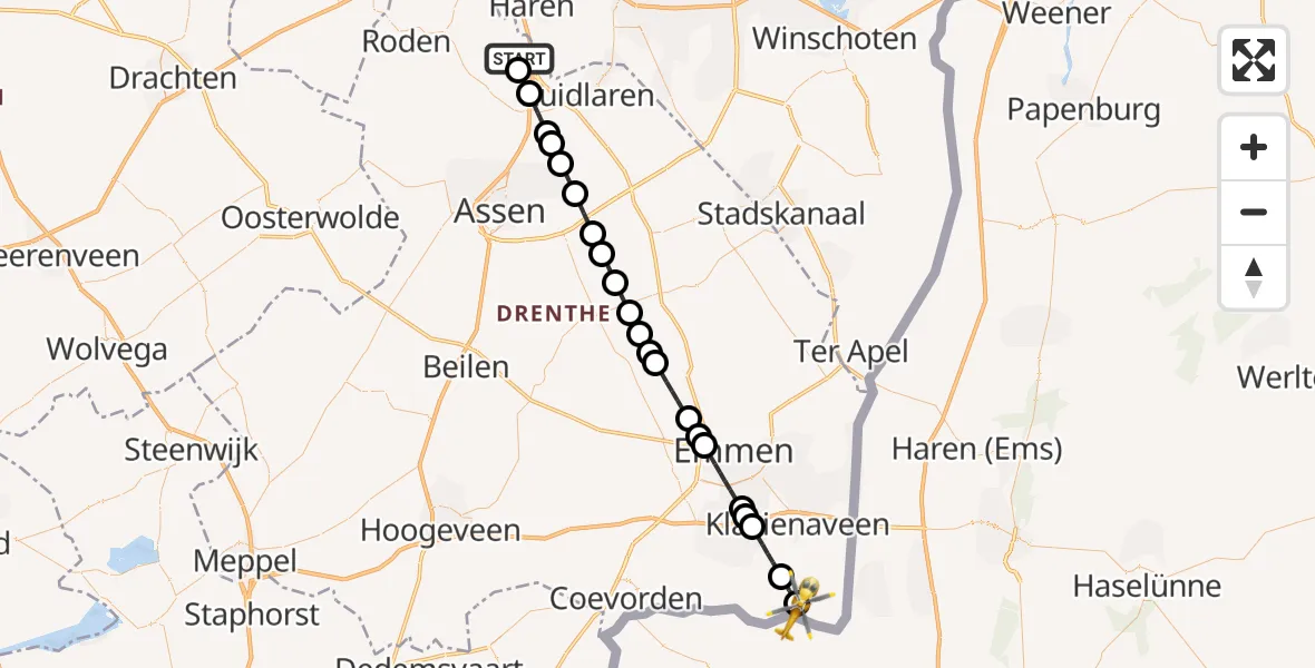 Vluchtroute Traumahelikopter Groningen Airport Eelde - Nieuw-Schoonebeek, 30 augustus 2026, 14:55