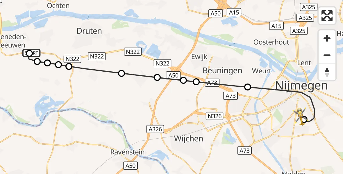 Vluchtroute Traumahelikopter Boven-Leeuwen - Radboud University Medical Center Heliport, 30 augustus 2026, 15:52