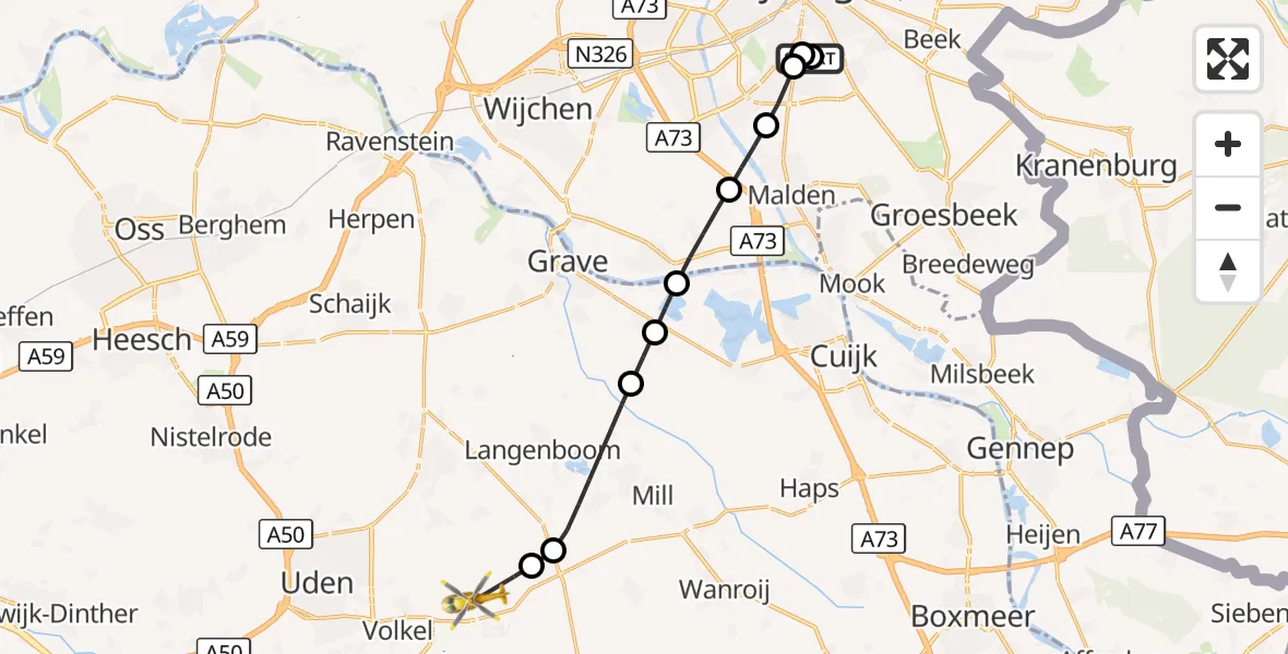 Vluchtroute Traumahelikopter Radboud Universitair Medisch Centrum - Vliegbasis Volkel, 30 augustus 2026, 16:22