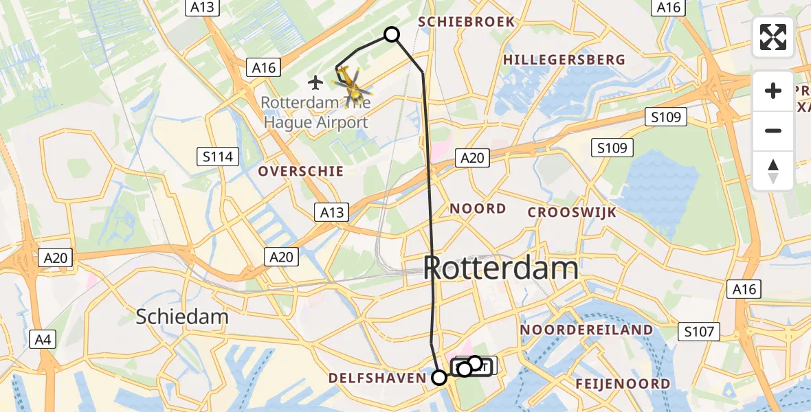 Vluchtroute Traumahelikopter Erasmus MC - Rotterdam The Hague Airport, 30 augustus 2026, 17:25