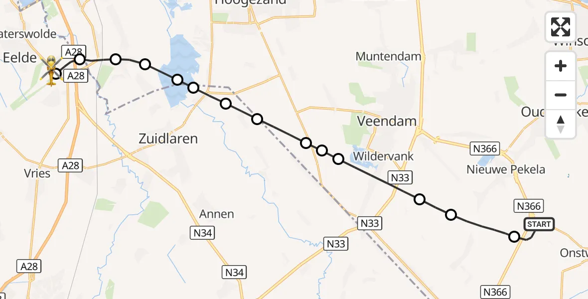 Vluchtroute Traumahelikopter Alteveer - Groningen Airport Eelde, 31 augustus 2026, 02:05