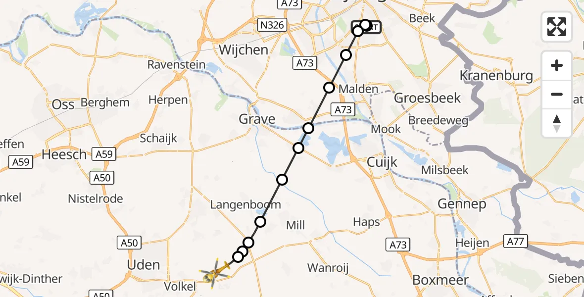 Vluchtroute Traumahelikopter Radboud Universitair Medisch Centrum - Vliegbasis Volkel, 31 augustus 2026, 16:47