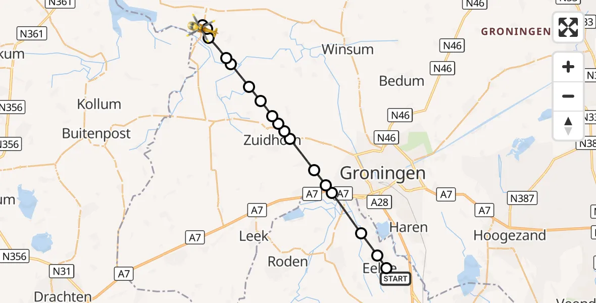 Vluchtroute Traumahelikopter Groningen Airport Eelde - Zoutkamp, 31 augustus 2026, 17:27