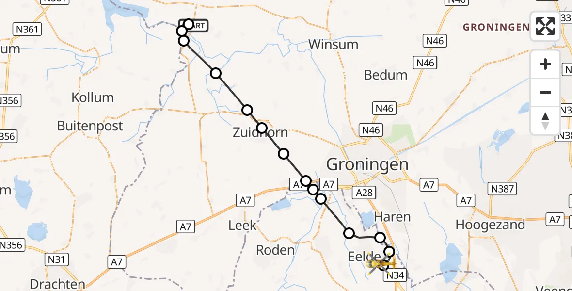 Vluchtroute Traumahelikopter Zoutkamp - Groningen Airport Eelde, 31 augustus 2026, 18:19
