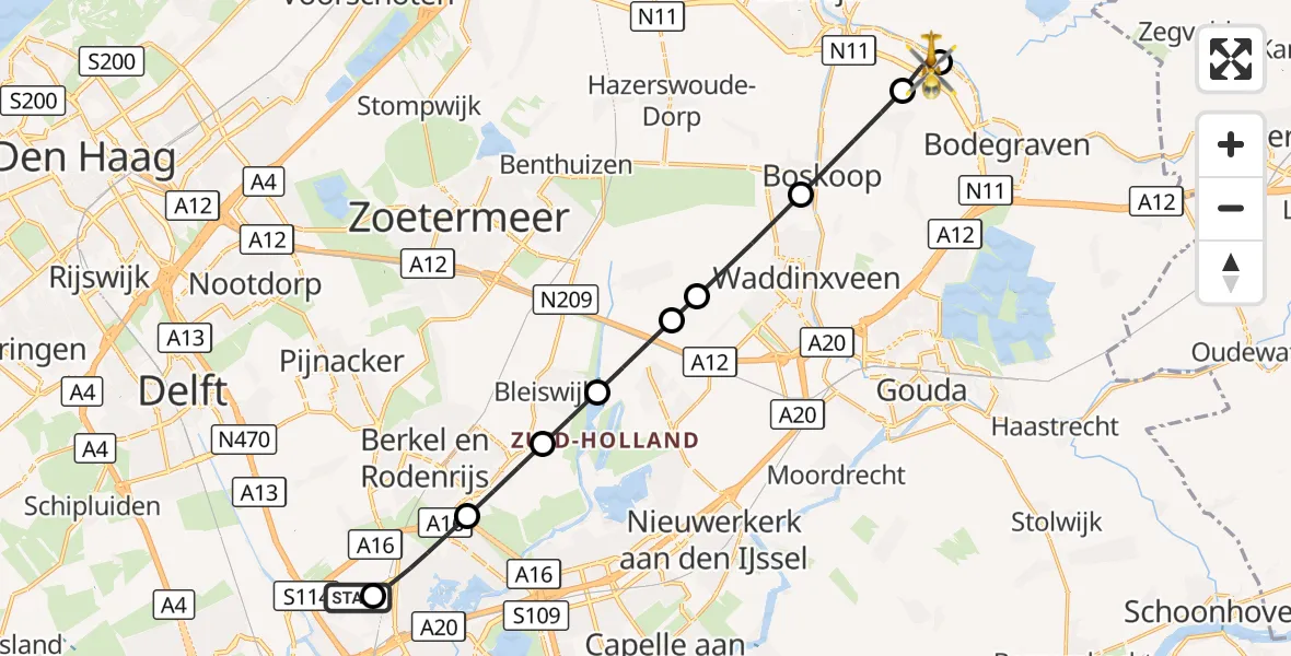 Vluchtroute Traumahelikopter Rotterdam The Hague Airport - Zwammerdam, 31 augustus 2026, 18:44