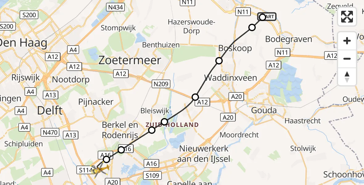 Vluchtroute Traumahelikopter Zwammerdam - Rotterdam The Hague Airport, 31 augustus 2026, 19:09