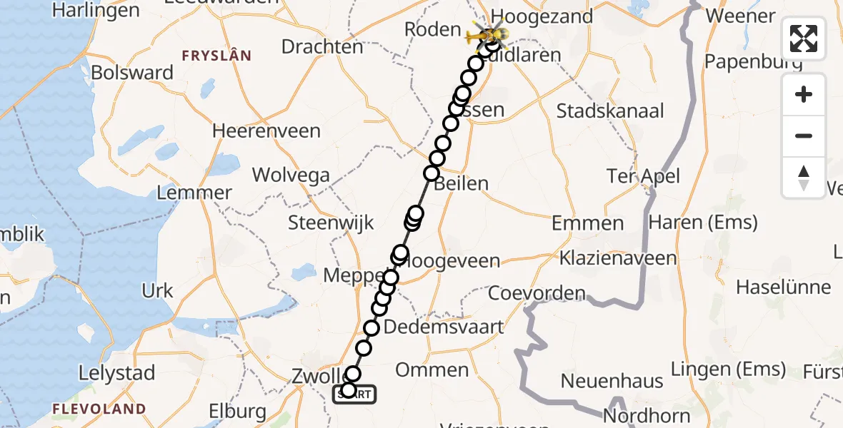 Vluchtroute Traumahelikopter Dalfsen - Groningen Airport Eelde, 01 september 2026, 00:29