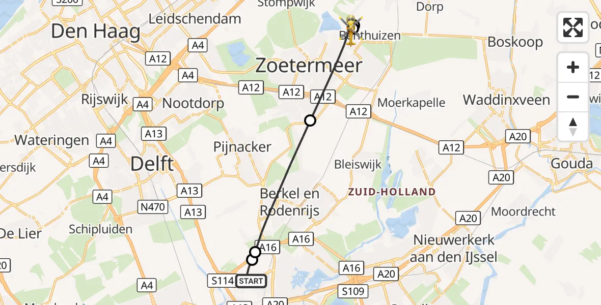 Vluchtroute Traumahelikopter Rotterdam The Hague Airport - Zoetermeer, 01 september 2026, 02:02