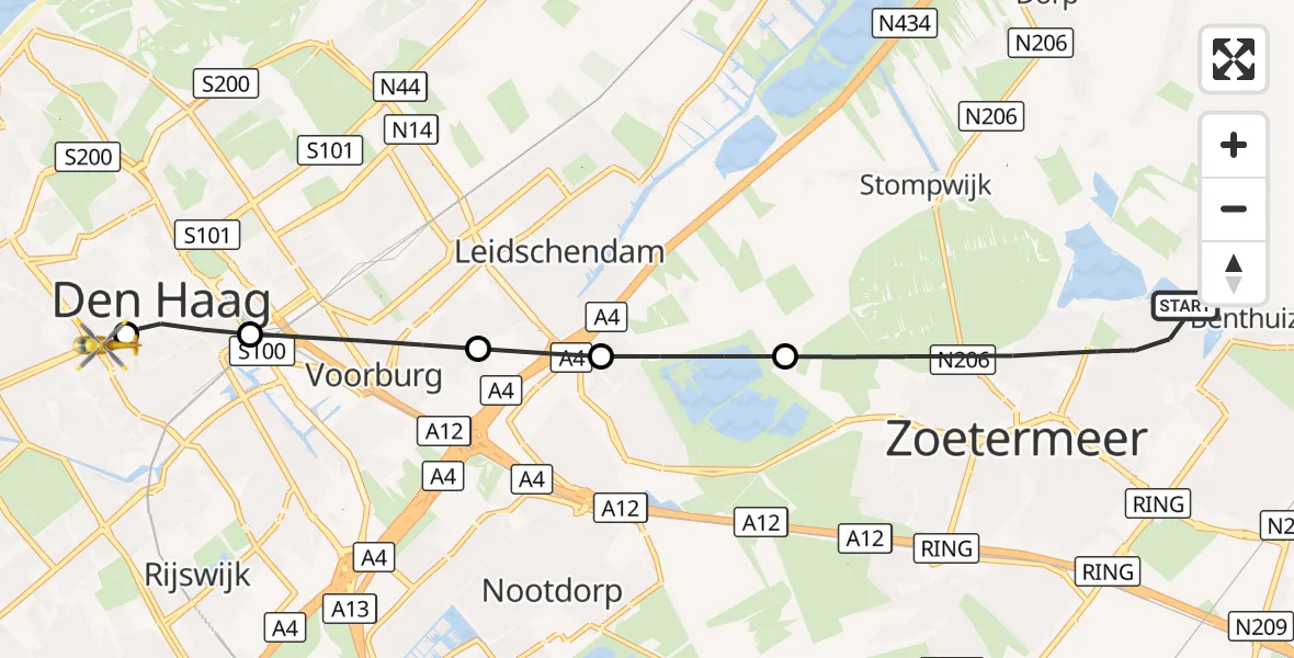 Vluchtroute Traumahelikopter Zoetermeer - HMC Westeinde Heliport, 01 september 2026, 02:52