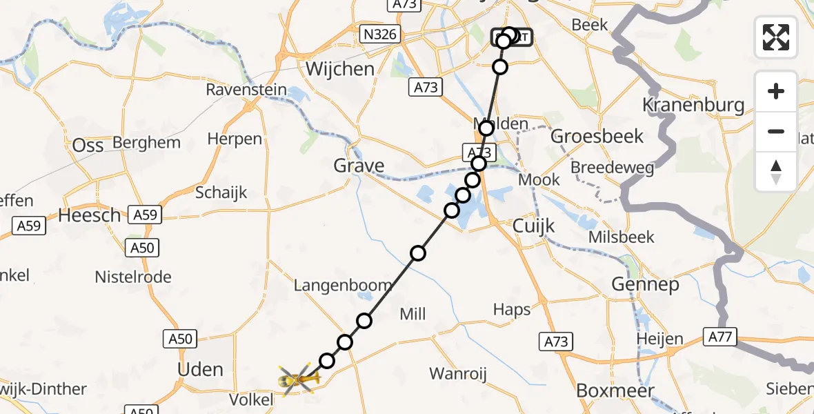 Vluchtroute Traumahelikopter Radboud Universitair Medisch Centrum - Vliegbasis Volkel, 01 september 2026, 03:12