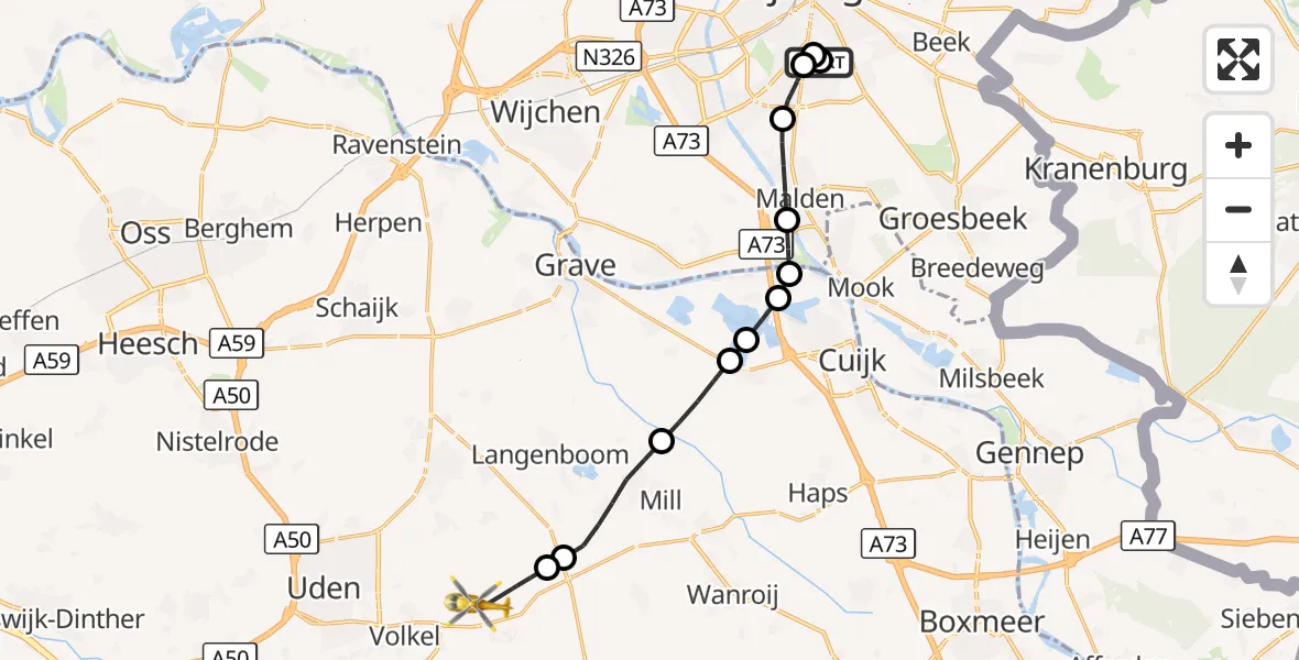 Vluchtroute Traumahelikopter Radboud Universitair Medisch Centrum - Vliegbasis Volkel, 01 september 2026, 08:42