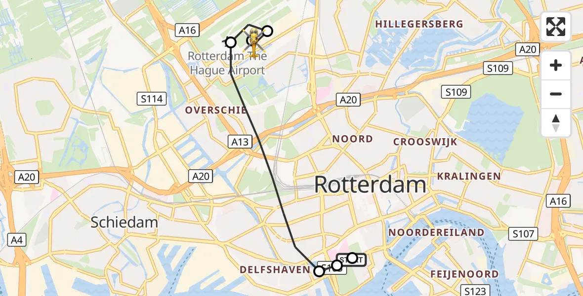 Vluchtroute Traumahelikopter Erasmus MC - Rotterdam The Hague Airport, 01 september 2026, 09:19
