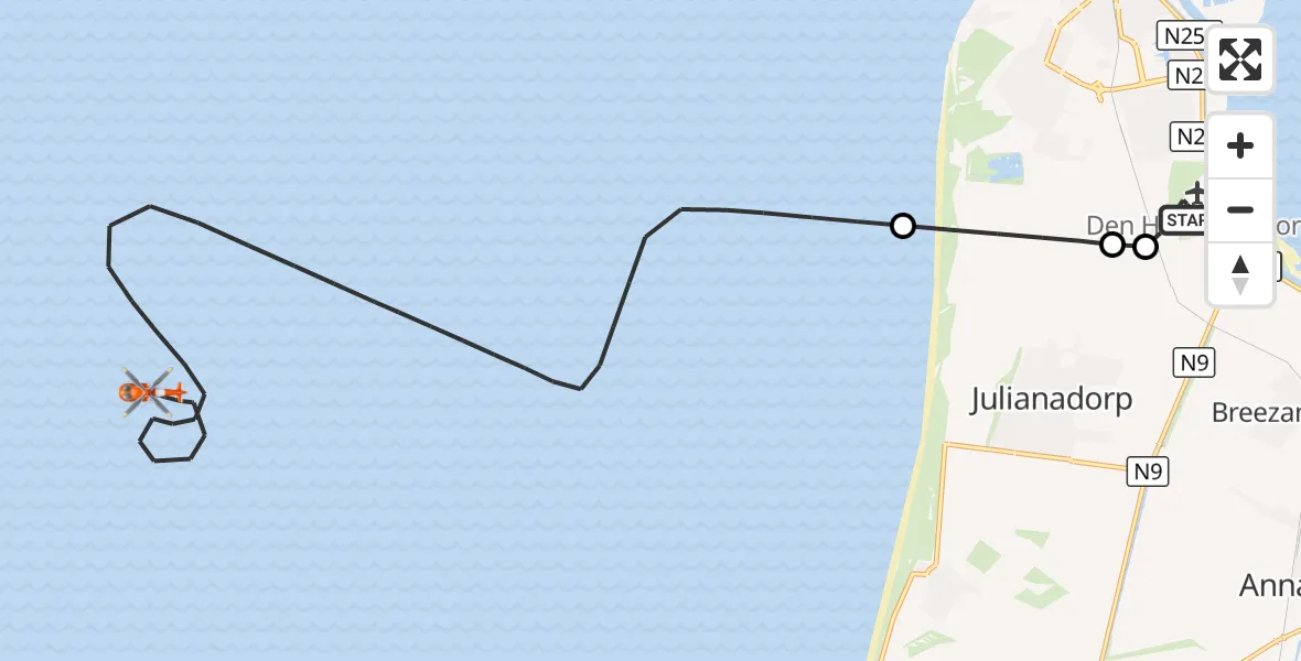 Vluchtroute Kustwachthelikopter Militair vliegveld De Kooy / Den Helder Airport - Noordzee, 01 september 2026, 14:05