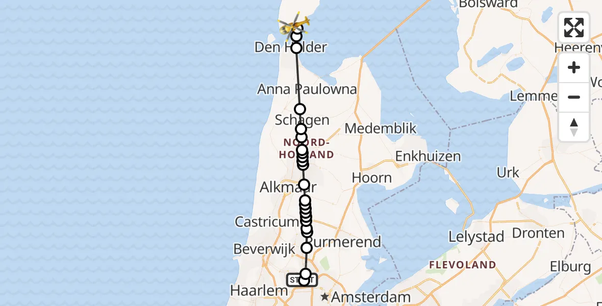 Vluchtroute Traumahelikopter Amsterdam Heliport - Den Hoorn, 01 september 2026, 14:37