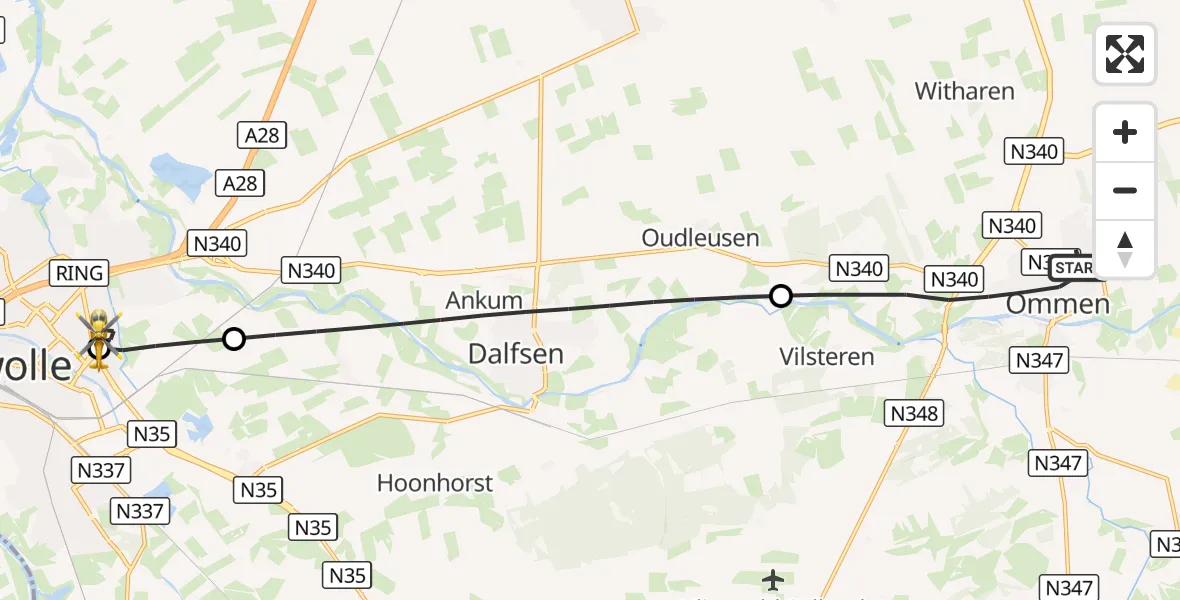 Vluchtroute Traumahelikopter Ommen - Isala Hospital Zwolle Heliport, 01 september 2026, 15:59