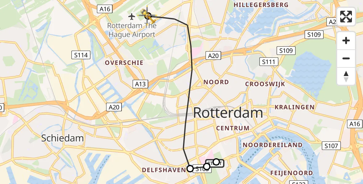 Vluchtroute Traumahelikopter Erasmus MC - Rotterdam The Hague Airport, 01 september 2026, 16:49