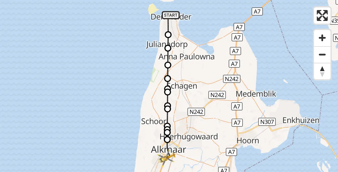Vluchtroute Traumahelikopter Den Helder - Alkmaar, 01 september 2026, 19:23