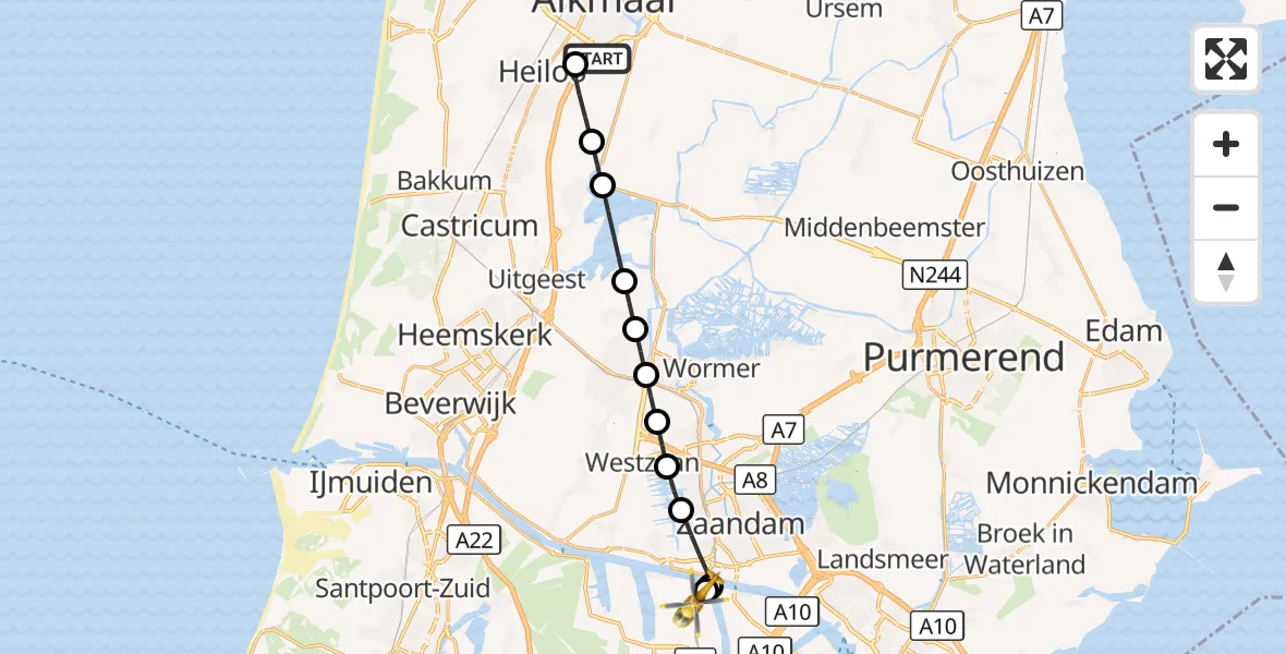 Vluchtroute Traumahelikopter Alkmaar - Amsterdam Heliport, 01 september 2026, 20:07