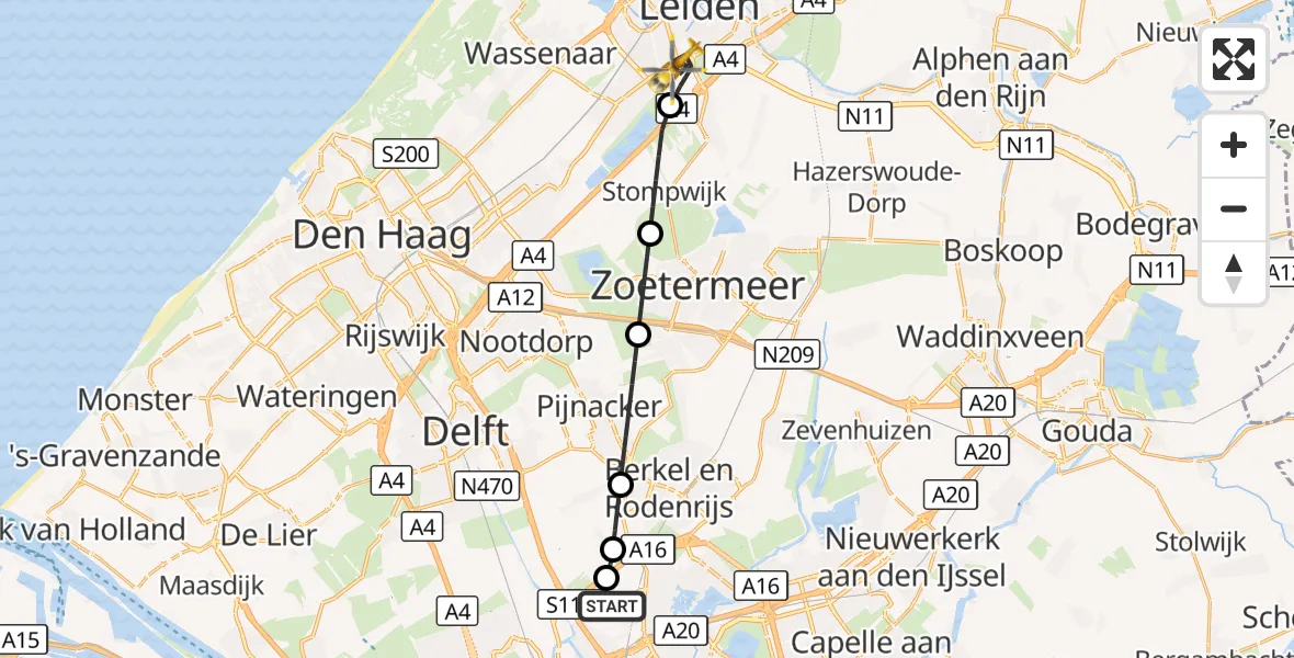 Vluchtroute Traumahelikopter Rotterdam The Hague Airport - Leiden, 01 september 2026, 20:08