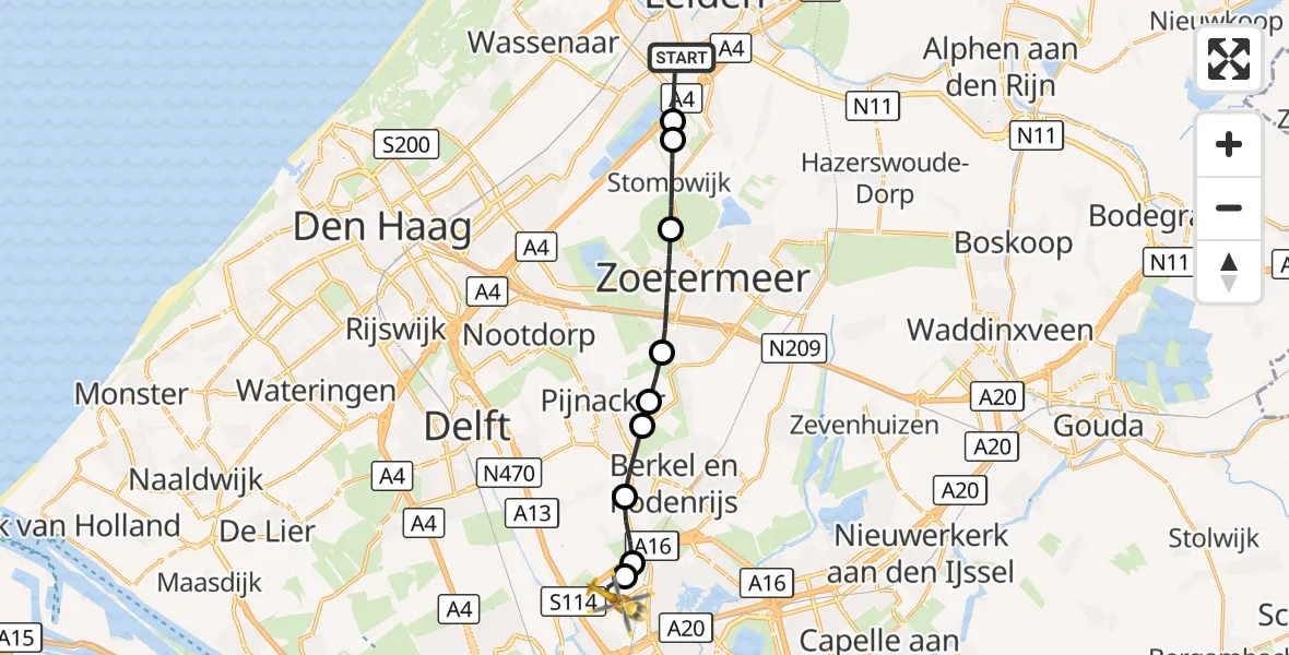 Vluchtroute Traumahelikopter Leiden - Rotterdam The Hague Airport, 01 september 2026, 20:28