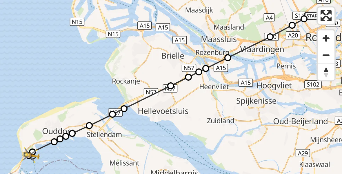 Vluchtroute Traumahelikopter Rotterdam The Hague Airport - Grevelingenmeer, 01 september 2026, 23:13
