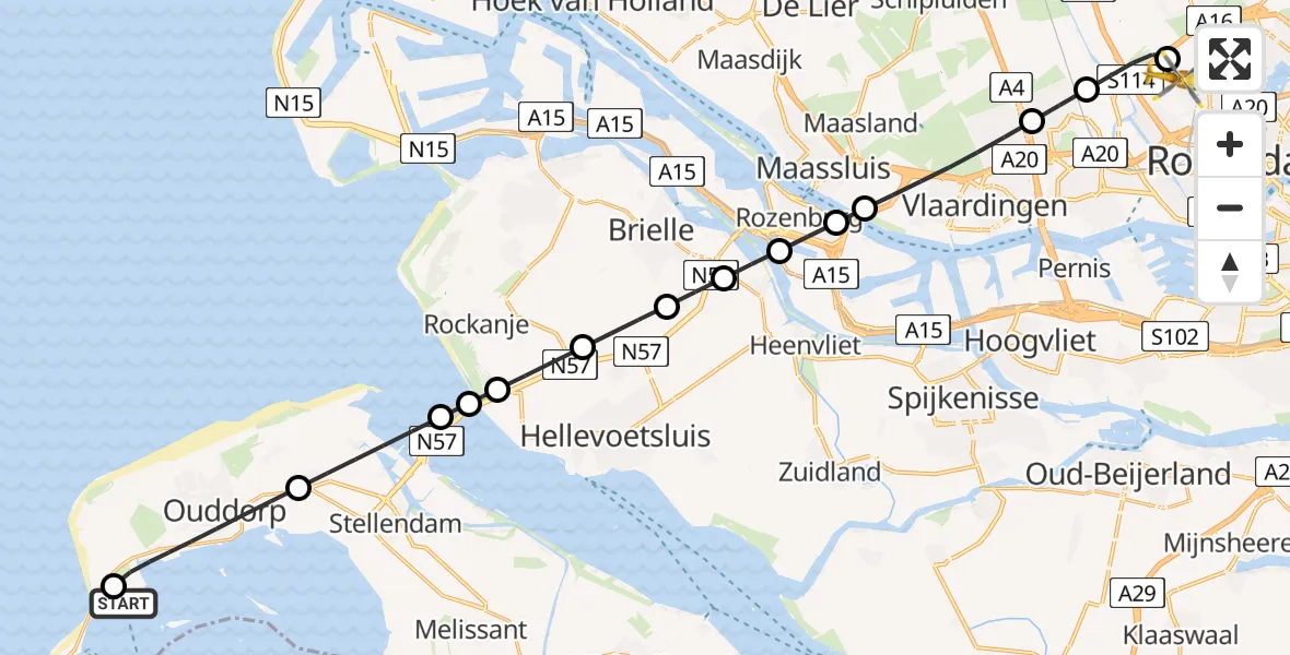 Vluchtroute Traumahelikopter Grevelingenmeer - Rotterdam The Hague Airport, 01 september 2026, 23:43