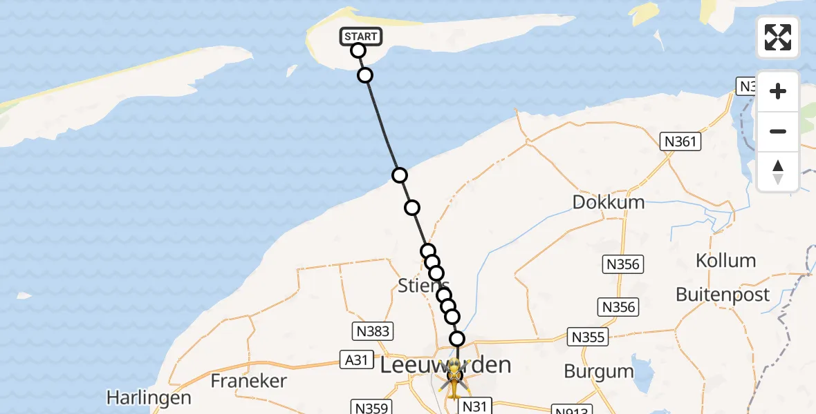 Vluchtroute Ambulancehelikopter Ameland Vliegveld Ballum - Leeuwarden Medical Center Heliport, 02 september 2026, 05:56
