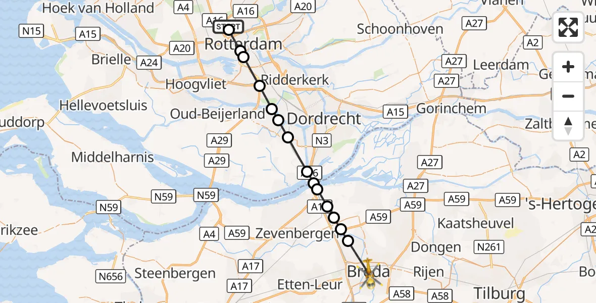 Vluchtroute Traumahelikopter Rotterdam The Hague Airport - Breda, 02 september 2026, 06:34