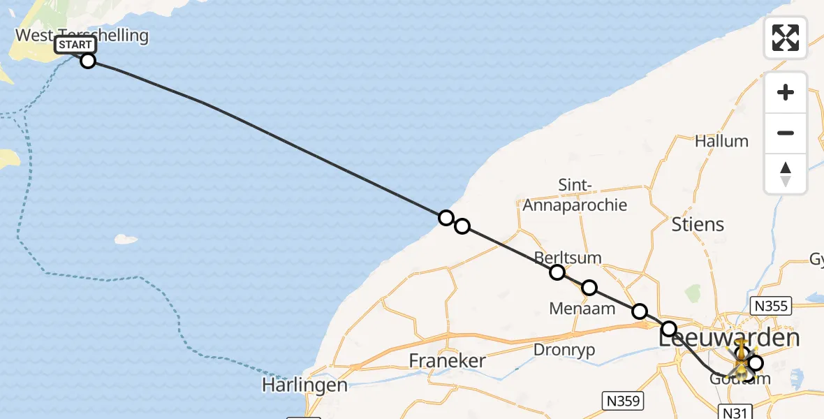 Vluchtroute Ambulancehelikopter West-Terschelling - Leeuwarden Medical Center Heliport, 02 september 2026, 08:31