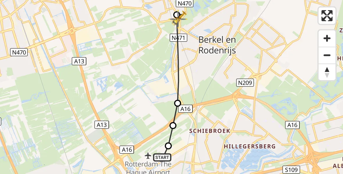 Vluchtroute Traumahelikopter Rotterdam The Hague Airport - Pijnacker, 02 september 2026, 11:05