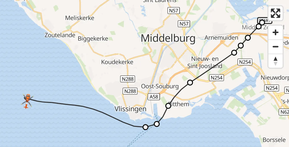 Vluchtroute Kustwachthelikopter Vliegveld Midden-Zeeland - Noordzee, 02 september 2026, 11:35