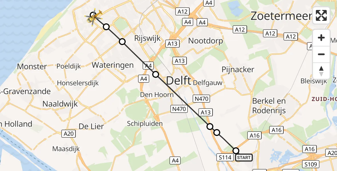 Vluchtroute Traumahelikopter Rotterdam The Hague Airport - 's-Gravenhage, 02 september 2026, 12:58