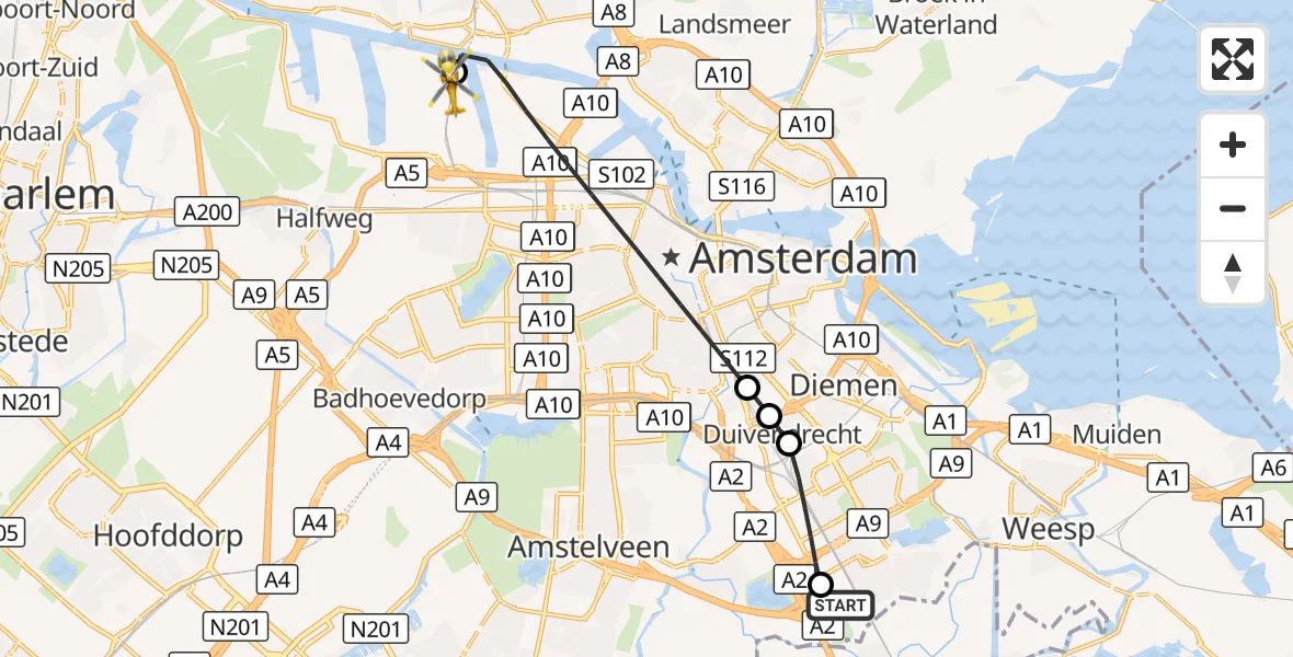 Vluchtroute Traumahelikopter Amsterdam UMC Helipad - Amsterdam Heliport, 02 september 2026, 14:02