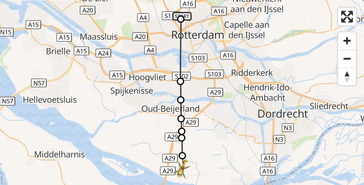 Vluchtroute Traumahelikopter Rotterdam The Hague Airport - Numansdorp, 02 september 2026, 16:08