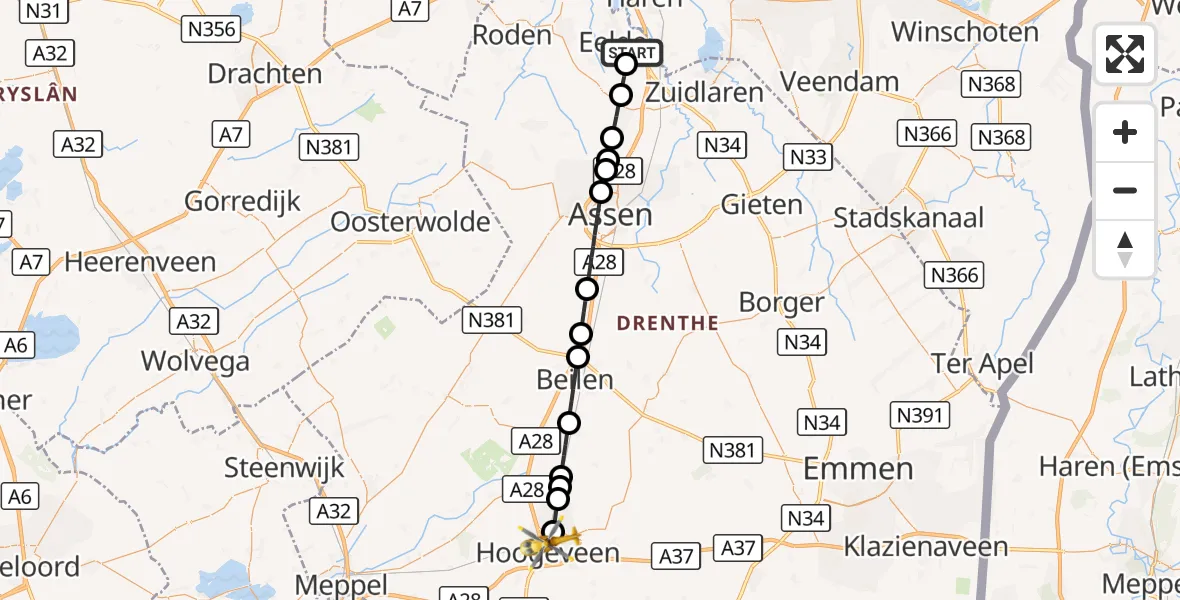 Vluchtroute Traumahelikopter Groningen Airport Eelde - Hoogeveen, 02 september 2026, 16:40